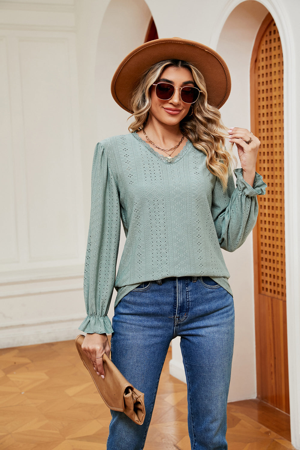 V-Neck Flounce Sleeve Blouse