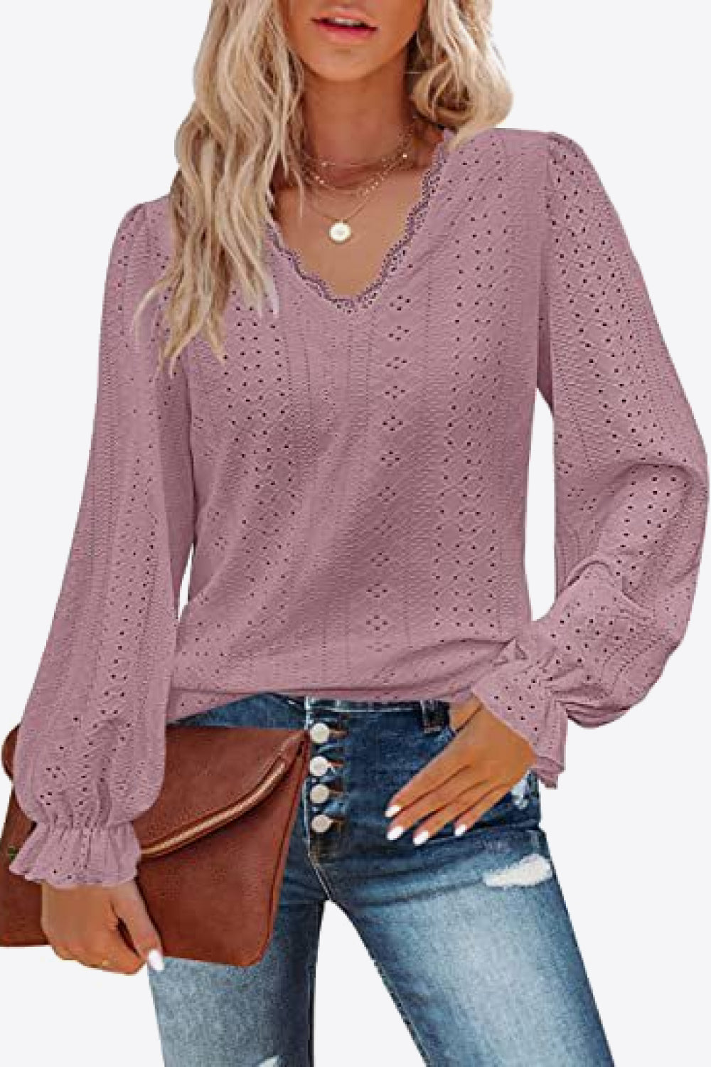 Eyelet V-Neck Flounce Sleeve Blouse