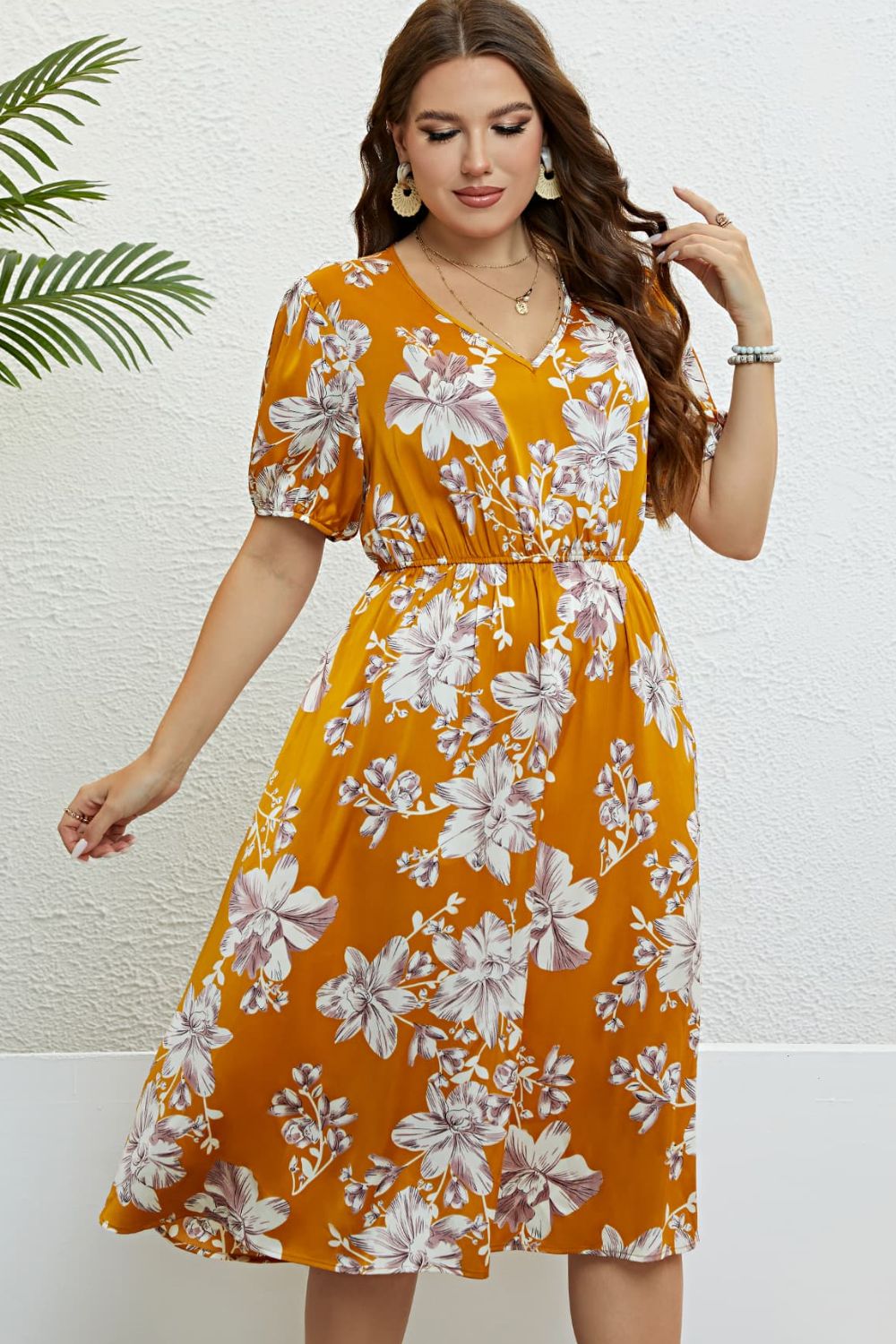 Floral V-Neck Puff Sleeve Dress