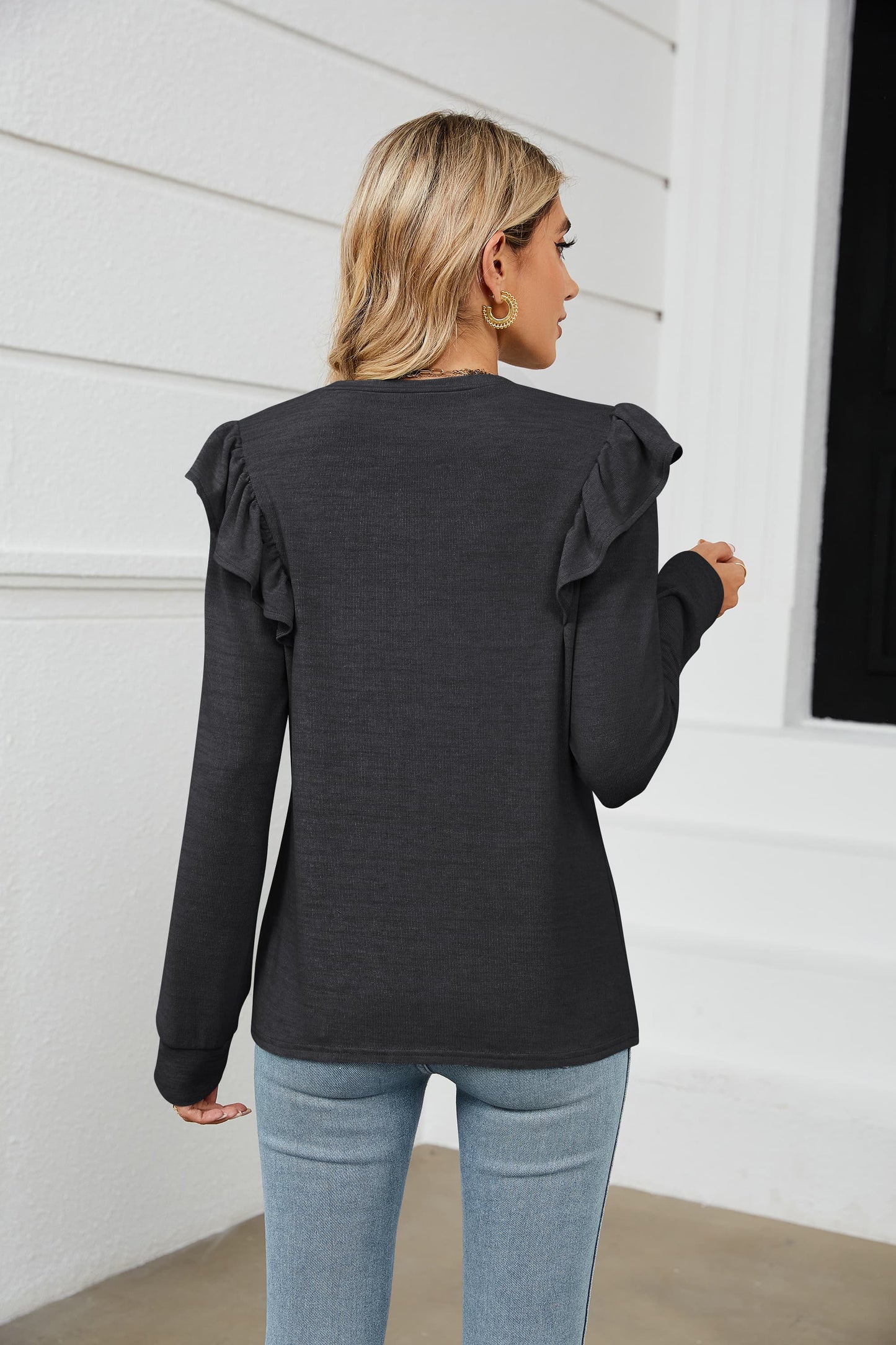 Ruffle Shoulder Long Sleeve T-Shirt