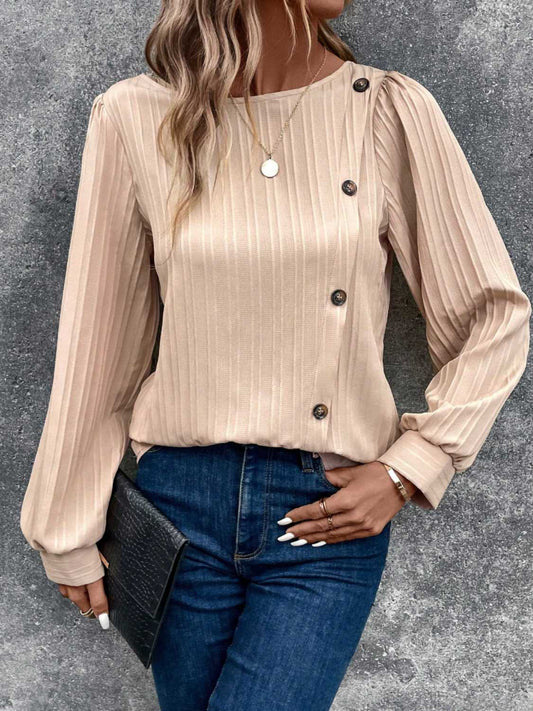 Buttoned Ribbed Puff Sleeve Top