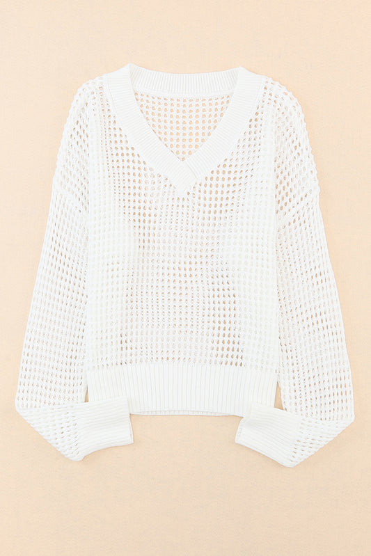 Openwork V-Neck Dropped Shoulder Knit Top