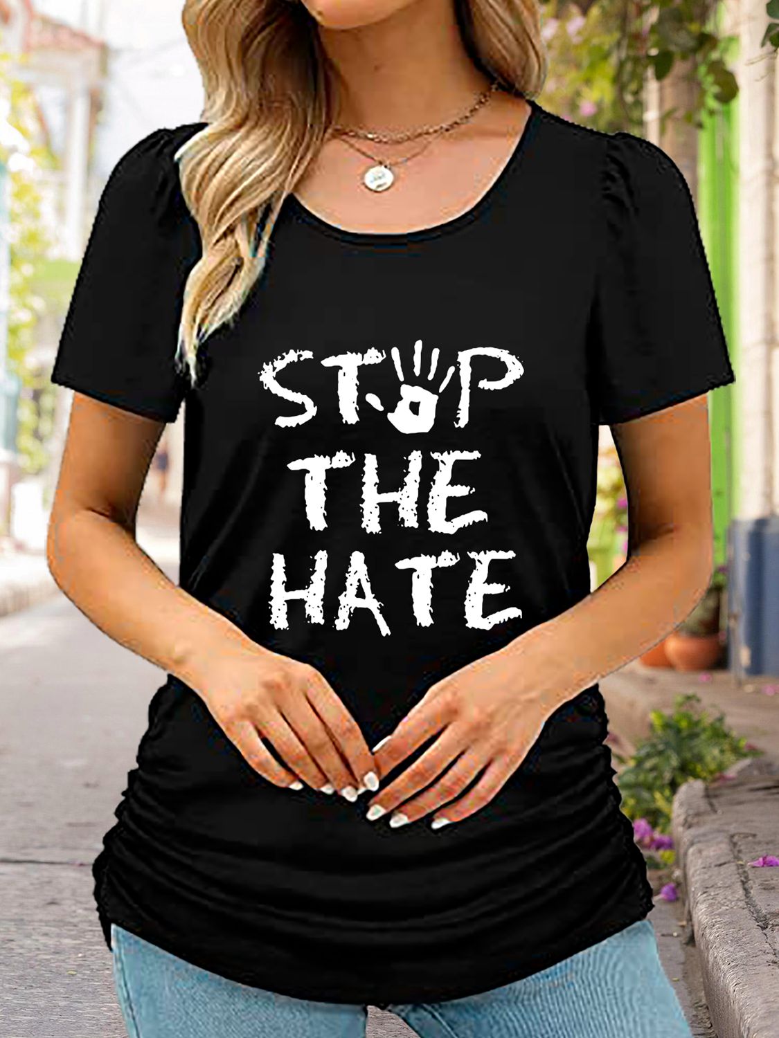 Round Neck Short Sleeve STOP THE HATE Graphic T-Shirt