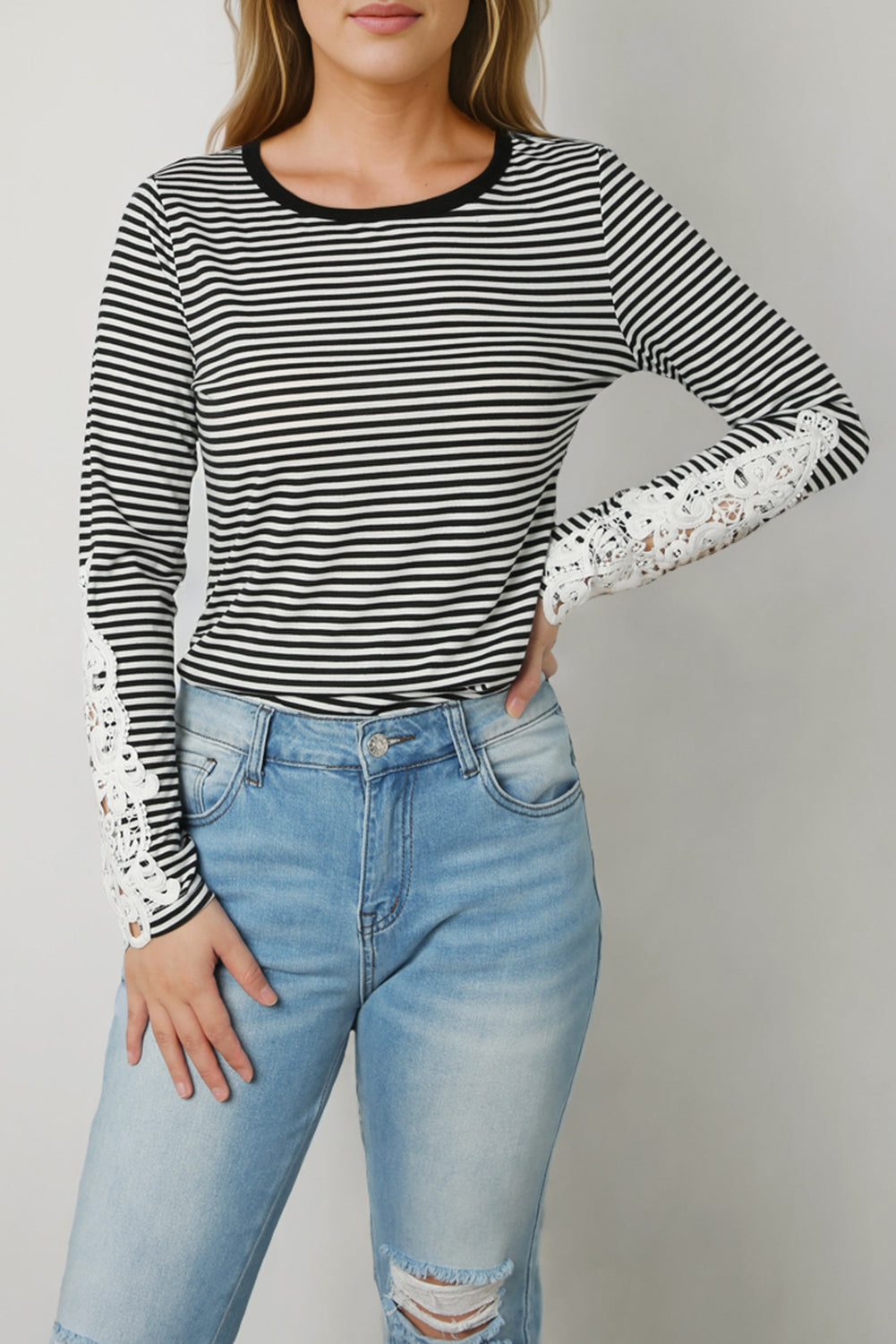 Striped Round Neck Long Sleeve Lace Trim T-Shirt