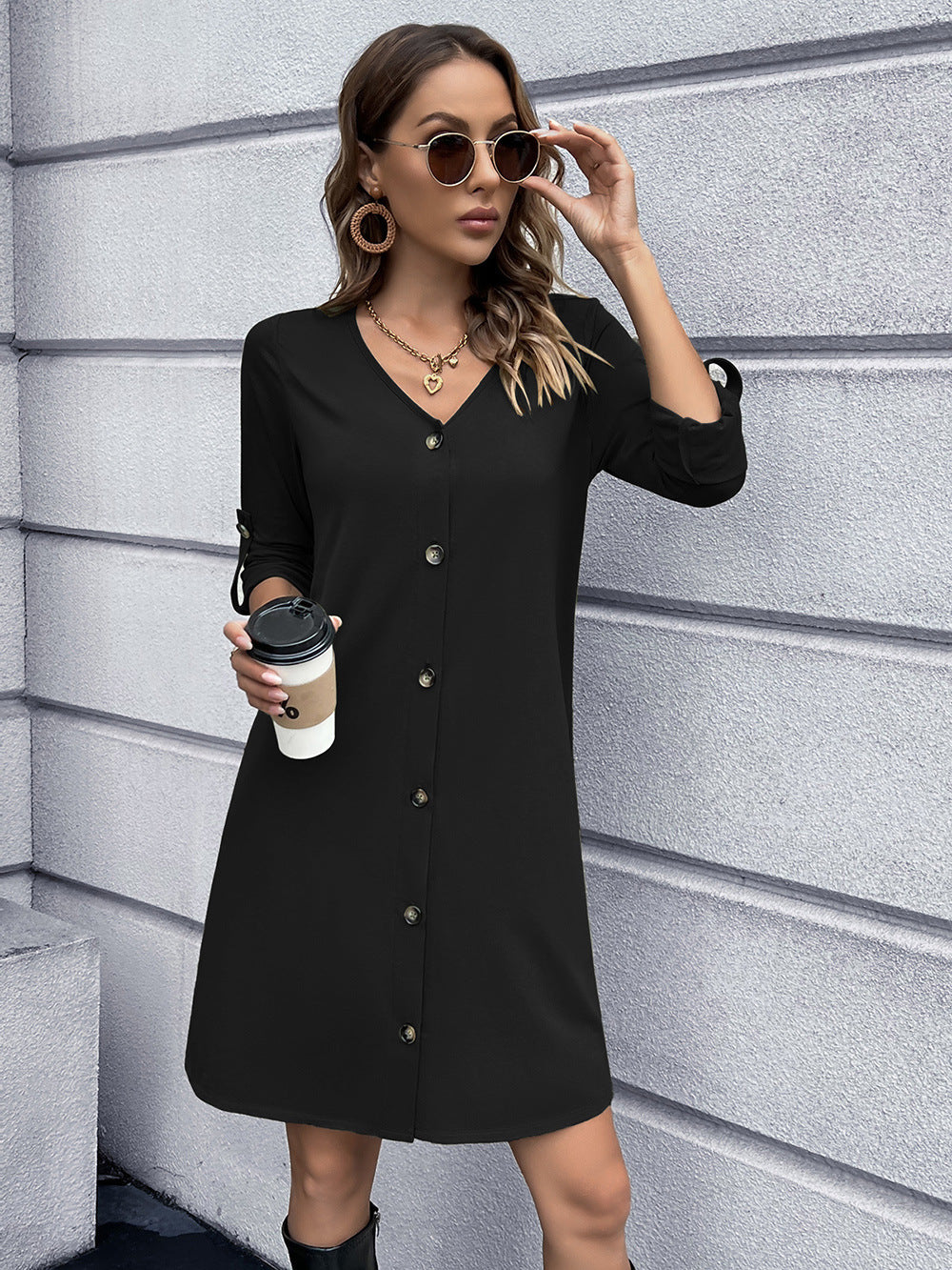 Button Down V-Neck Mini Dress