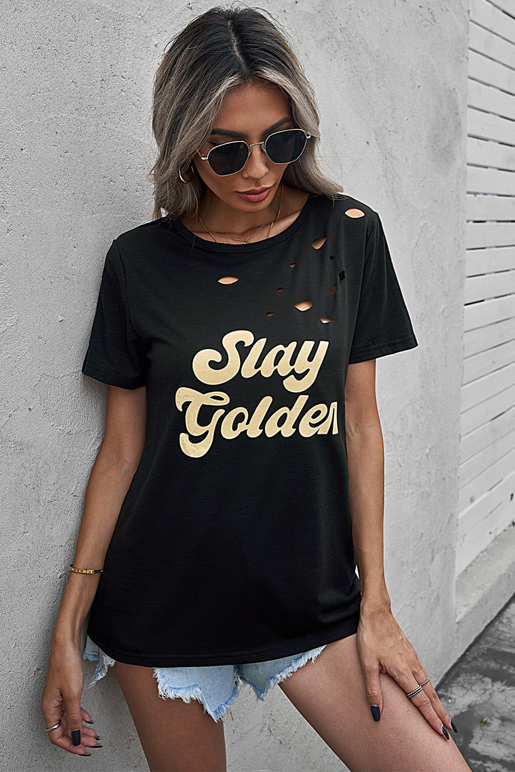 SLAY GOLDEN Distressed Round Neck Tee