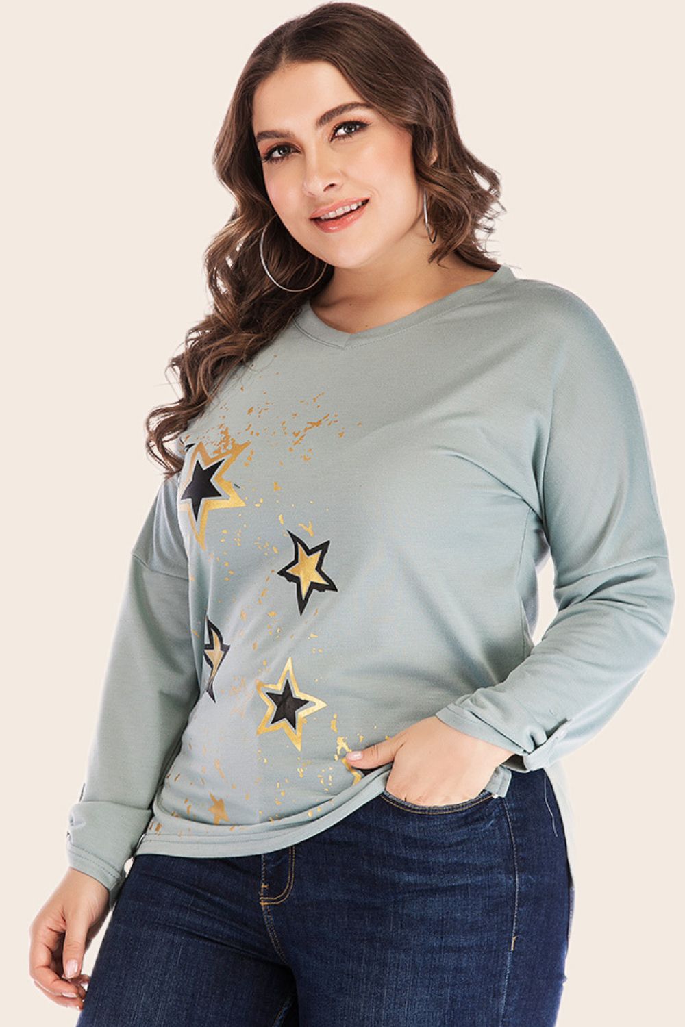 Full Size Star Graphic Slit Dropped Shoulder Top