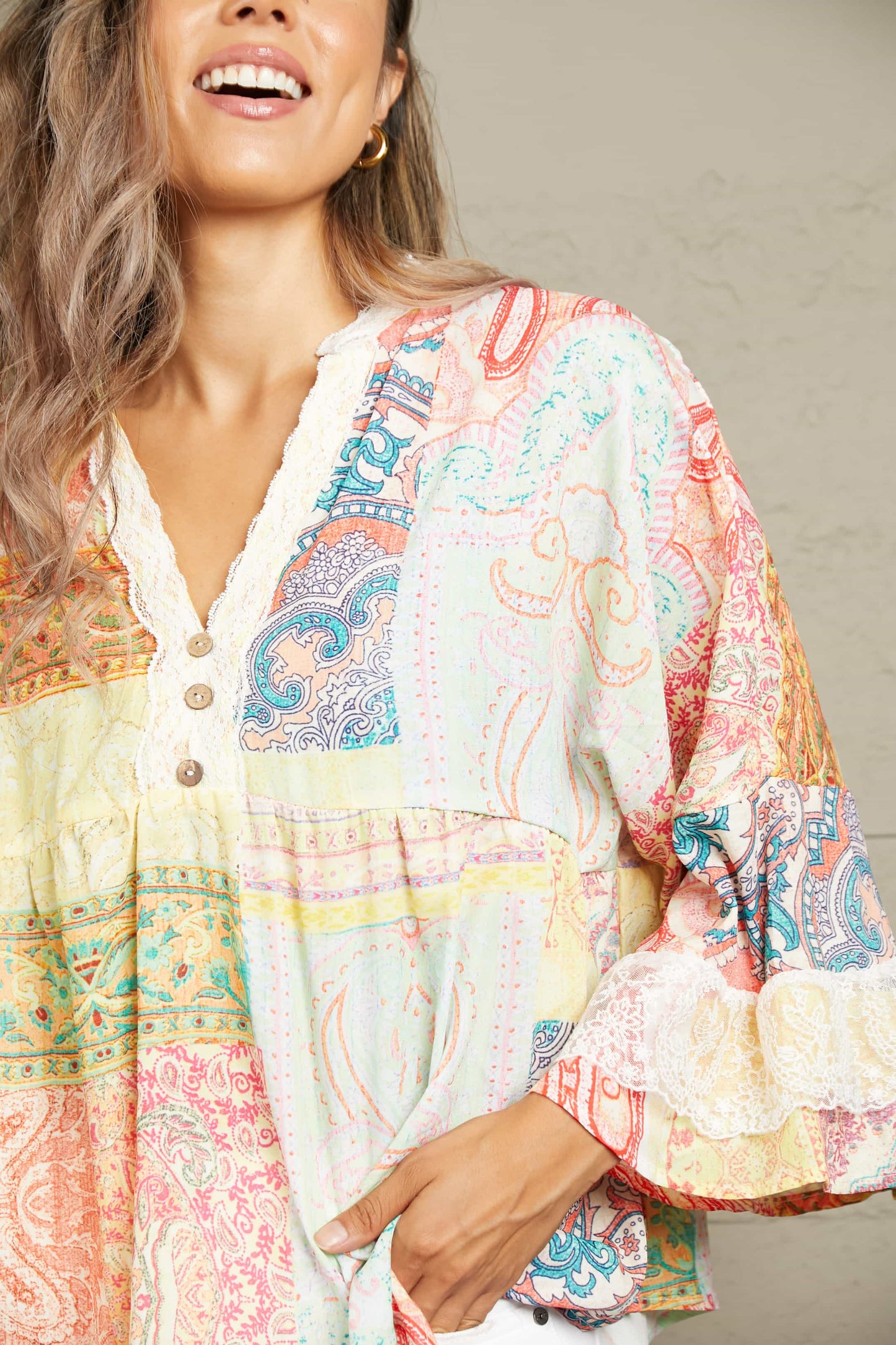 Double Take Printed Lace Trim Buttoned Blouse