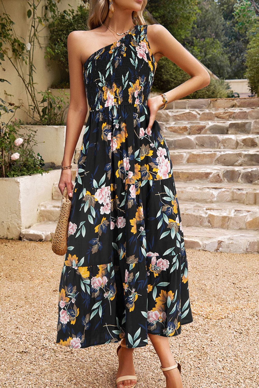 Floral One-Shoulder Sleeveless Dress with Pockets