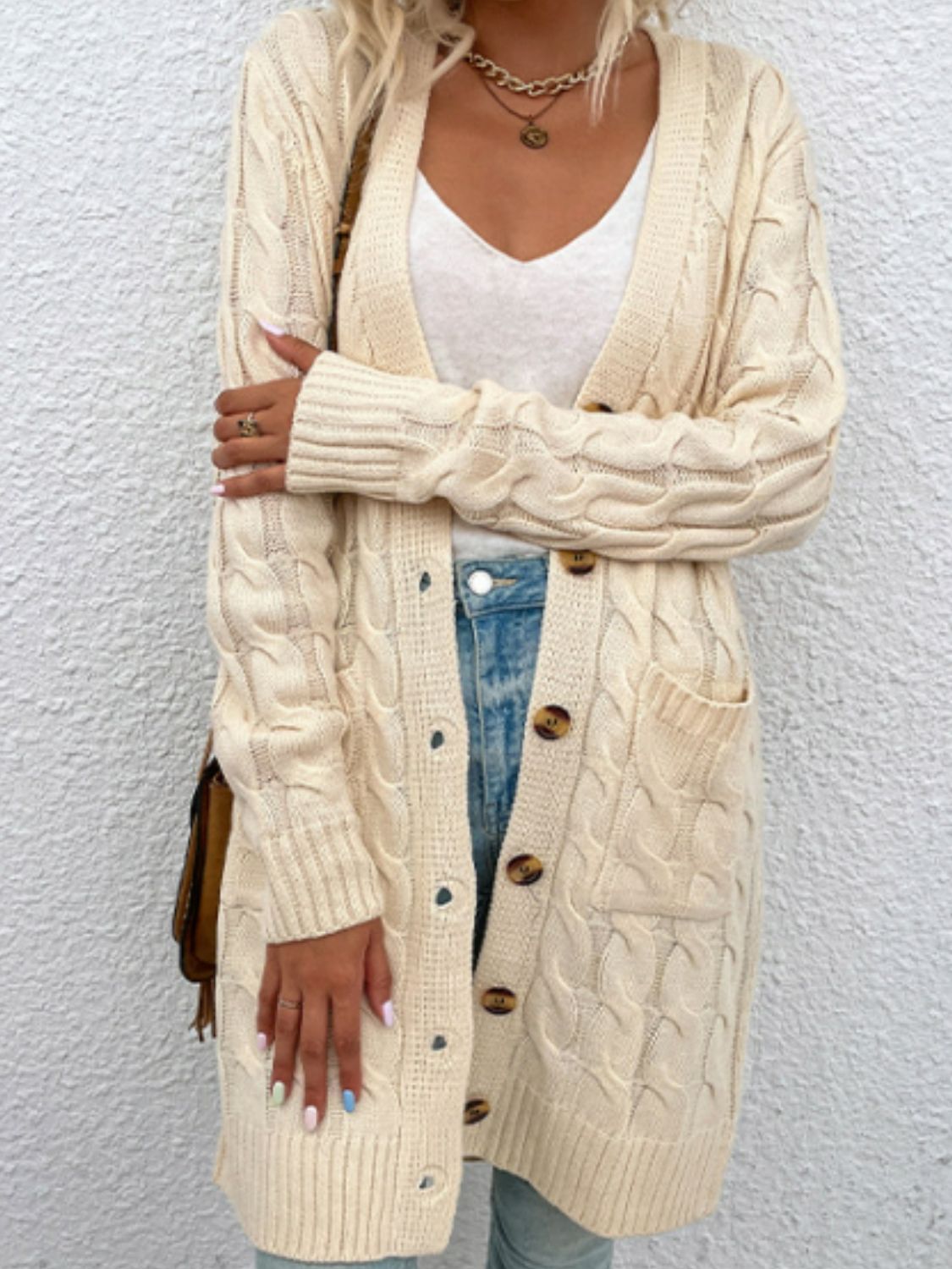 Cable-Knit Button Down Cardigan with Pockets