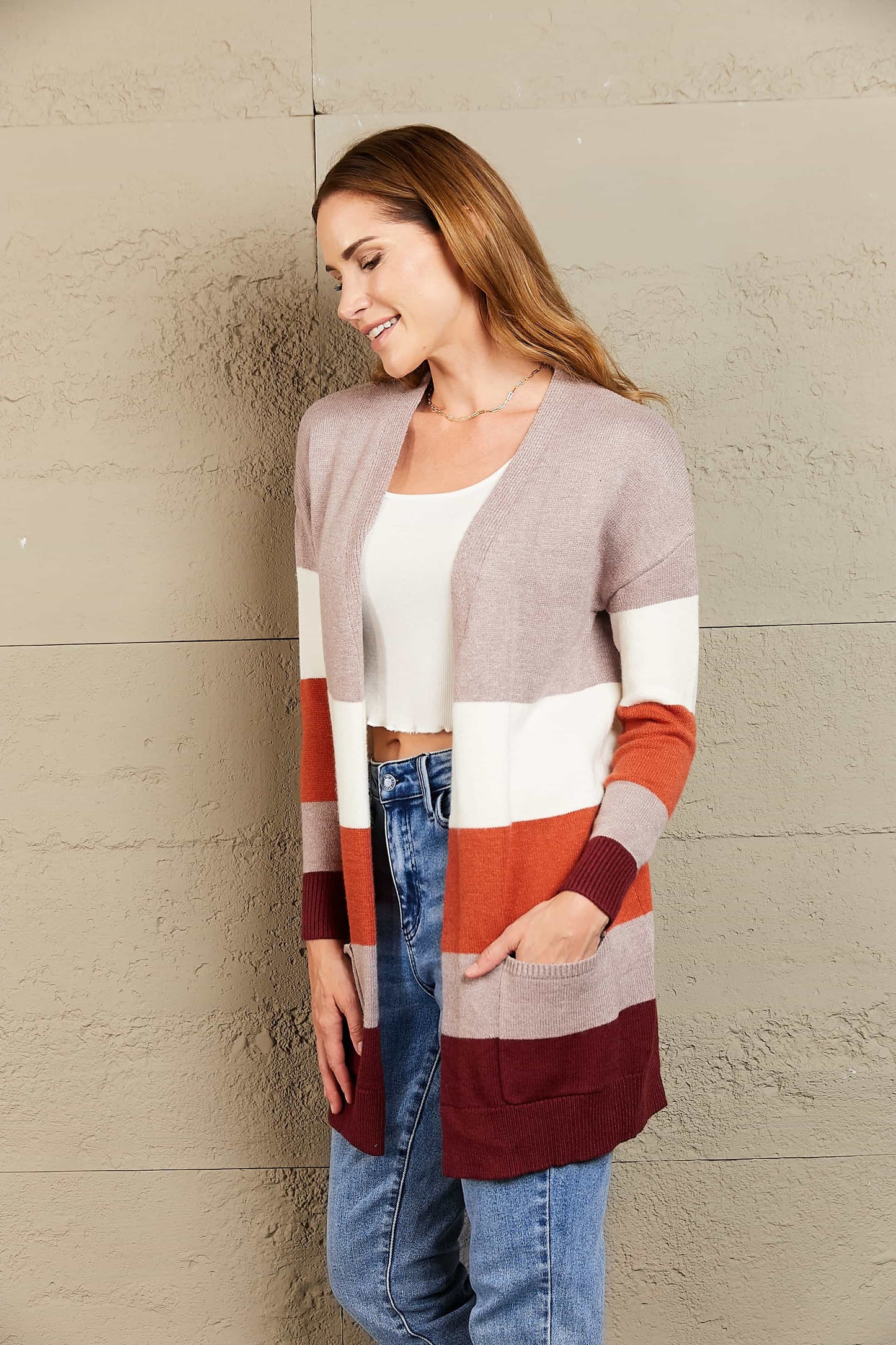 Woven Right Color Block Open Front Ribbed Cuff Cardigan with Pockets