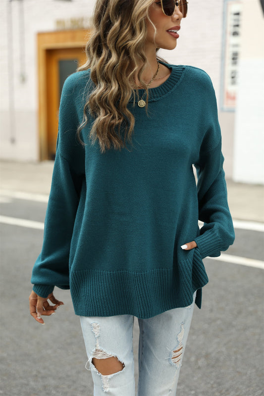 Round Neck Dropped Shoulder Slit Sweater