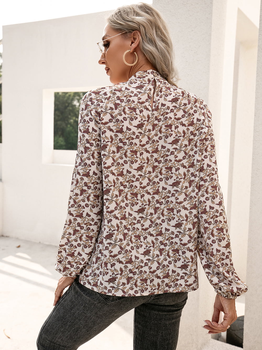 Floral Print Long Sleeve Mock Neck Blouse