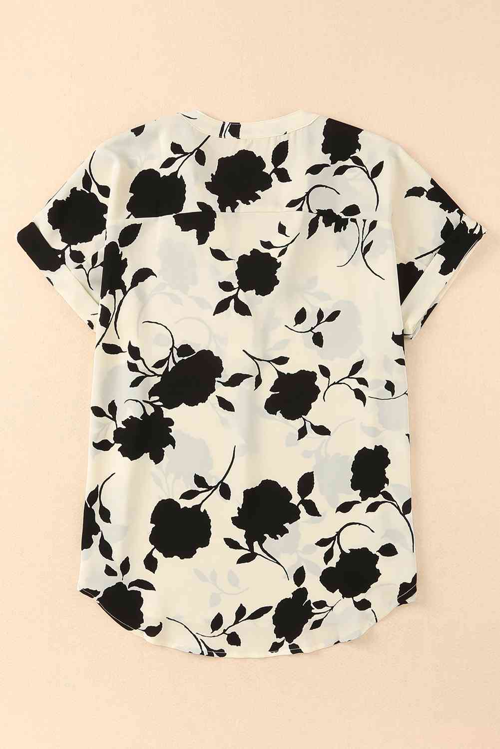 Floral Notched Neck Cuffed Short Sleeve Blouse