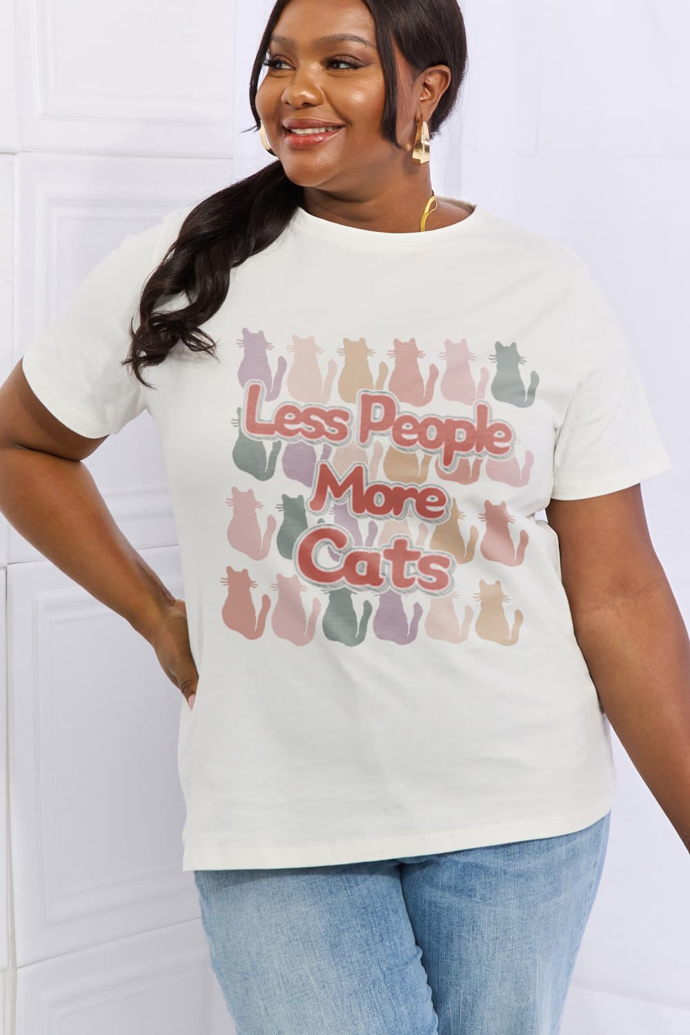 Simply Love Full Size LESS PEOPLE MORE CATS Graphic Cotton Tee