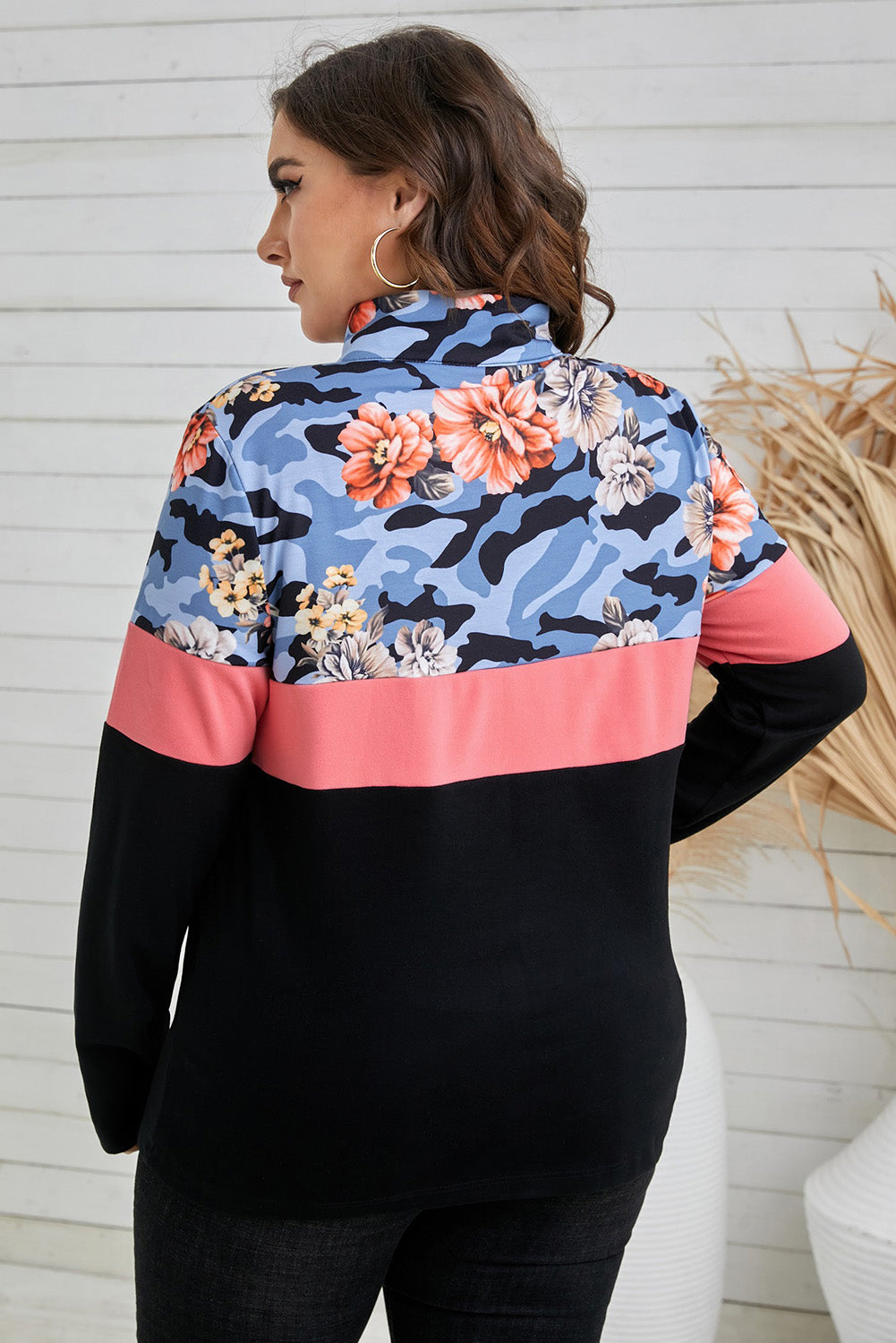 Plus Size Floral Color Block Quarter Zip Top