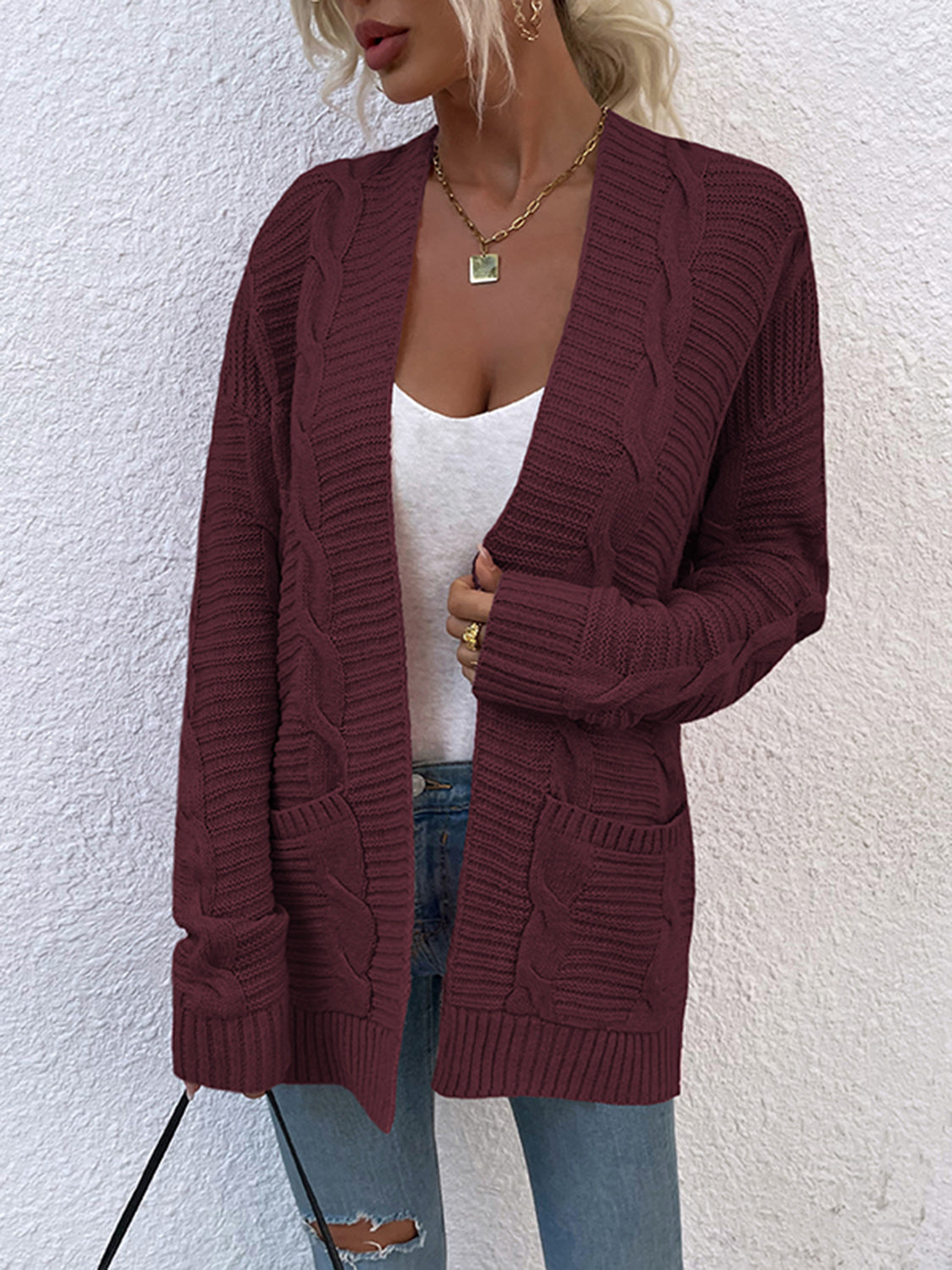 Cable-Knit Open Front Cardigan with Pockets