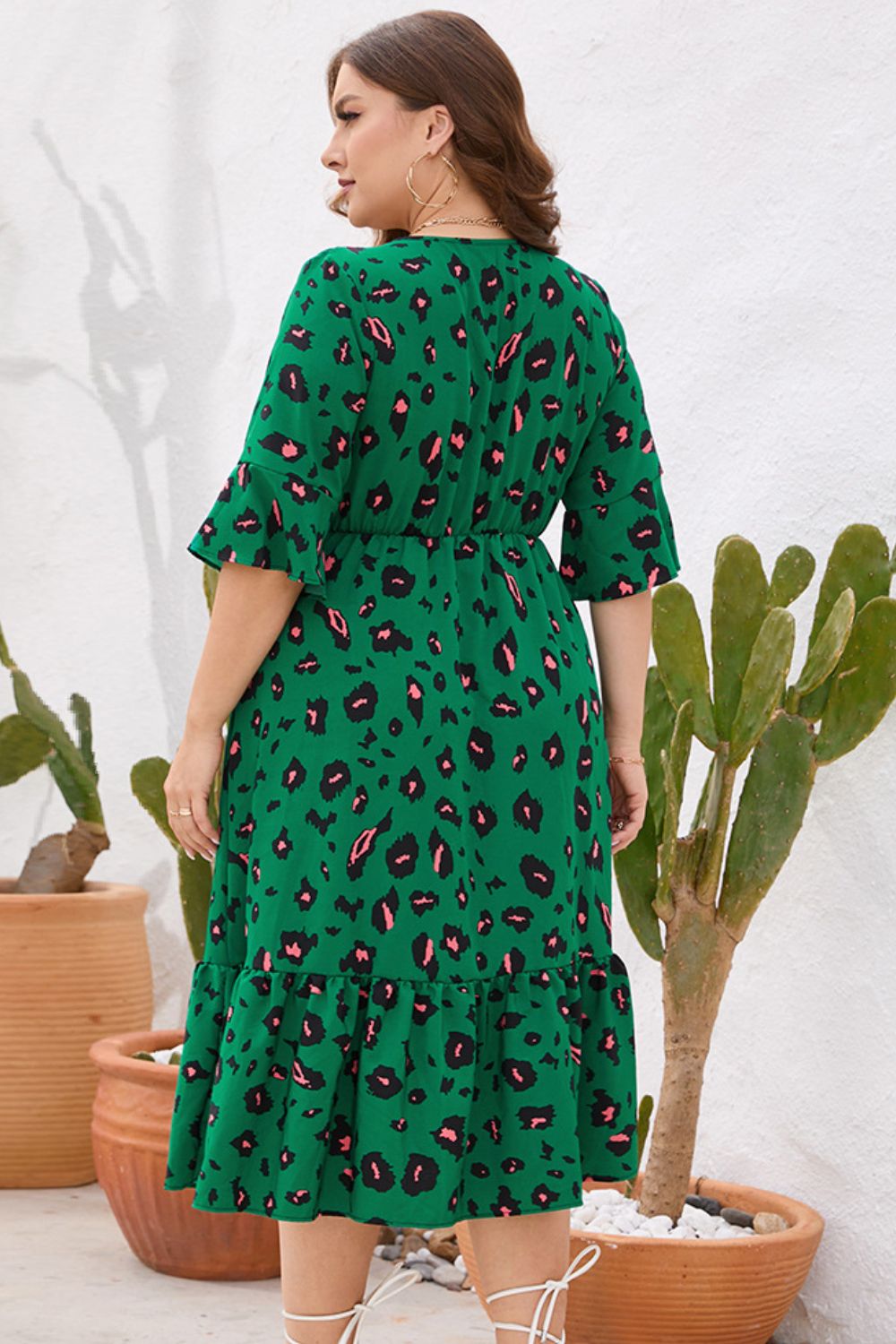 Plus Size Printed Flare Sleeve V-Neck Dress