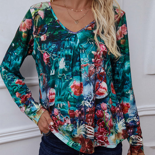 Printed V-Neck Long Sleeve Blouse