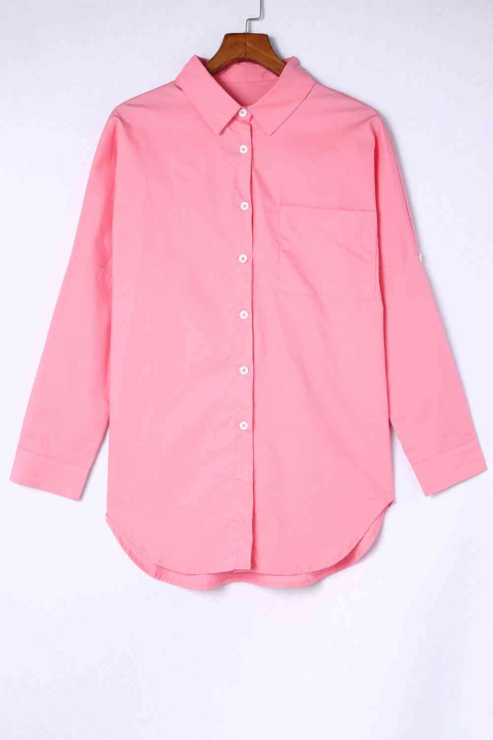 Double Take Buttoned Lapel Collar Dropped Shoulder Long Shirt