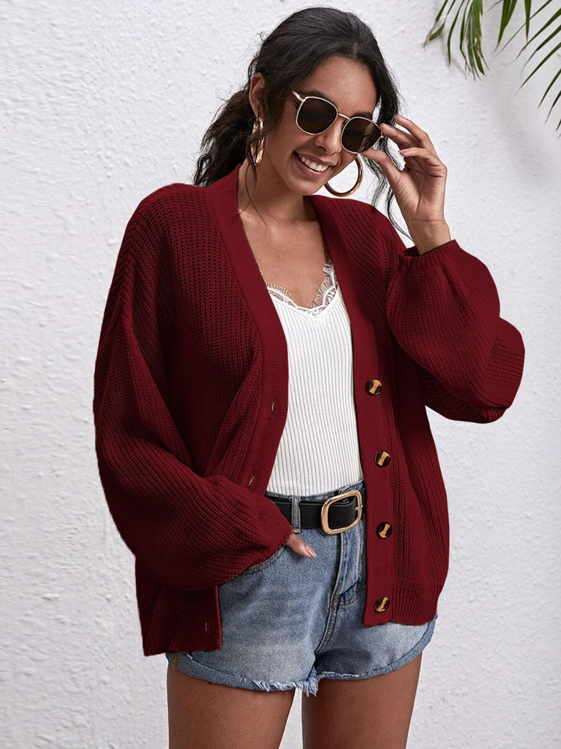 Button Down Dropped Shoulder Cardigan