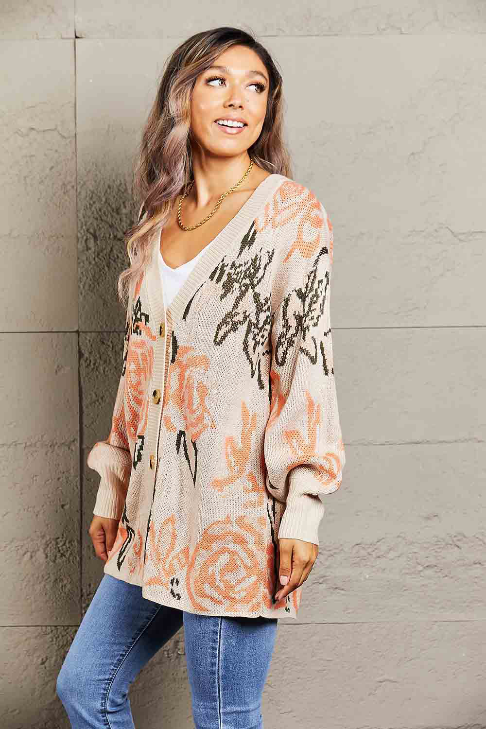 Woven Right Floral Pattern Ribbed Trim Cardigan