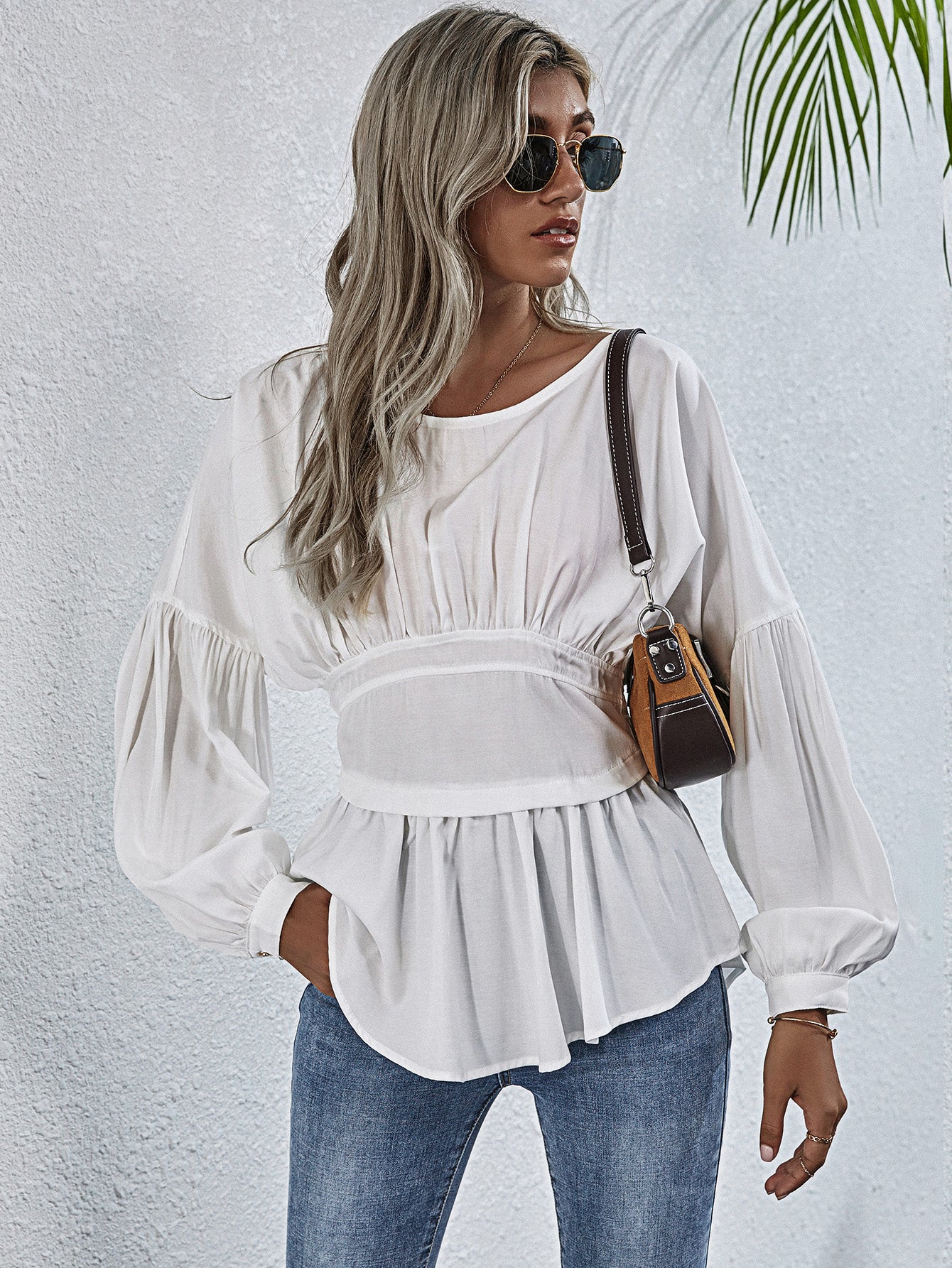 Exposed Seams Round Neck Dropped Shoulder Blouse