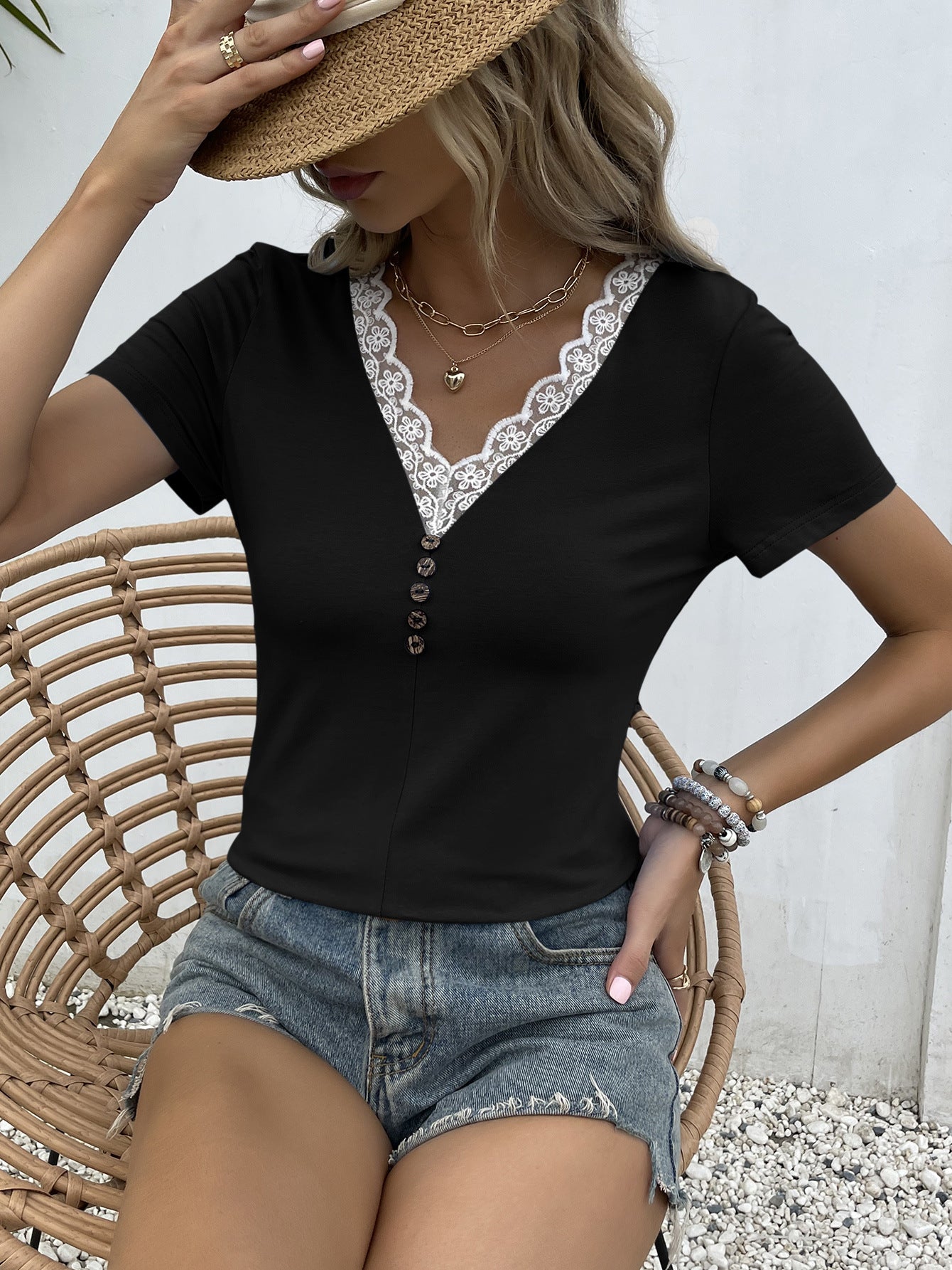 Lace Trim V-Neck Short Sleeve Blouse