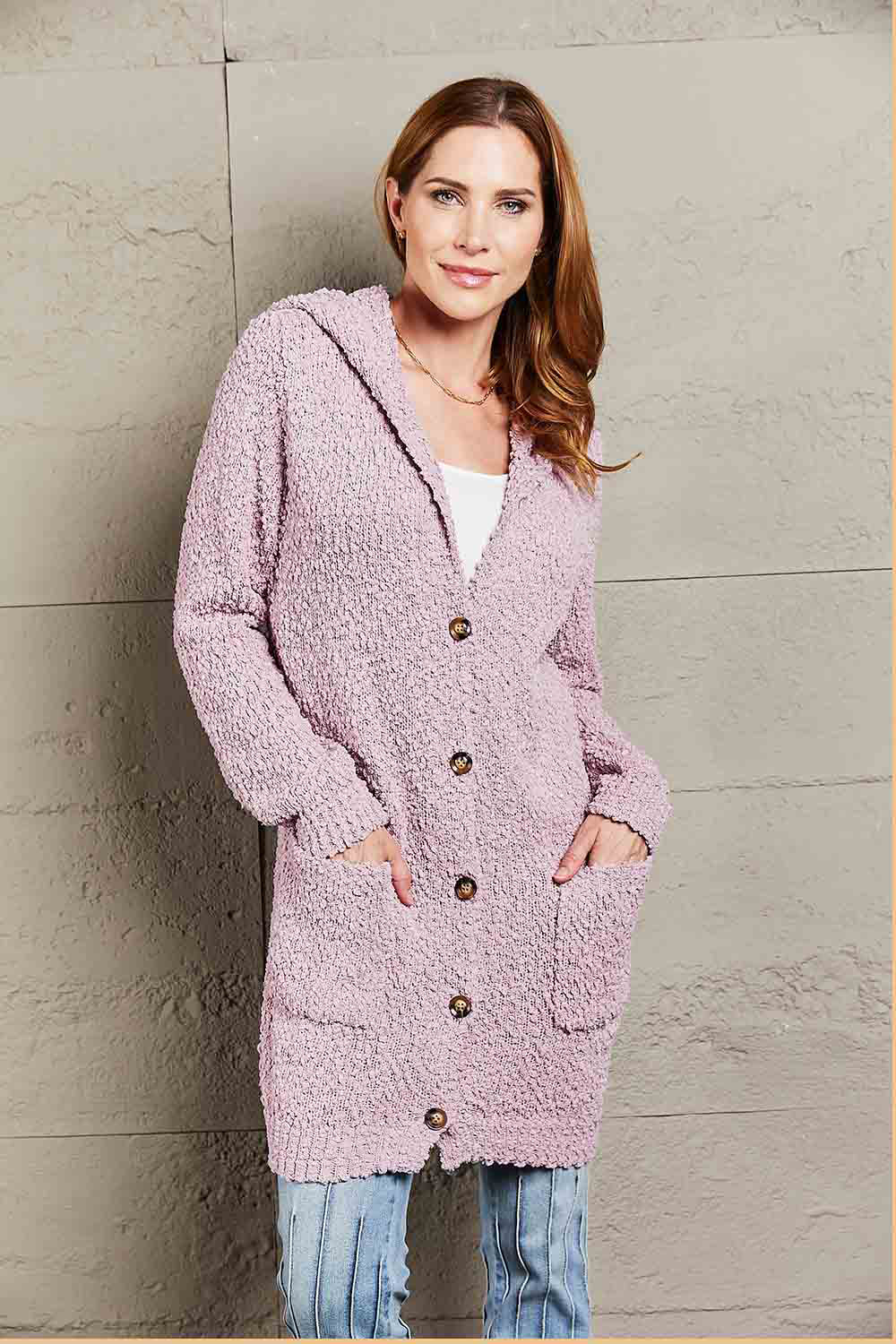 Double Take Popcorn-Knit Long Sleeve Hooded Cardigan