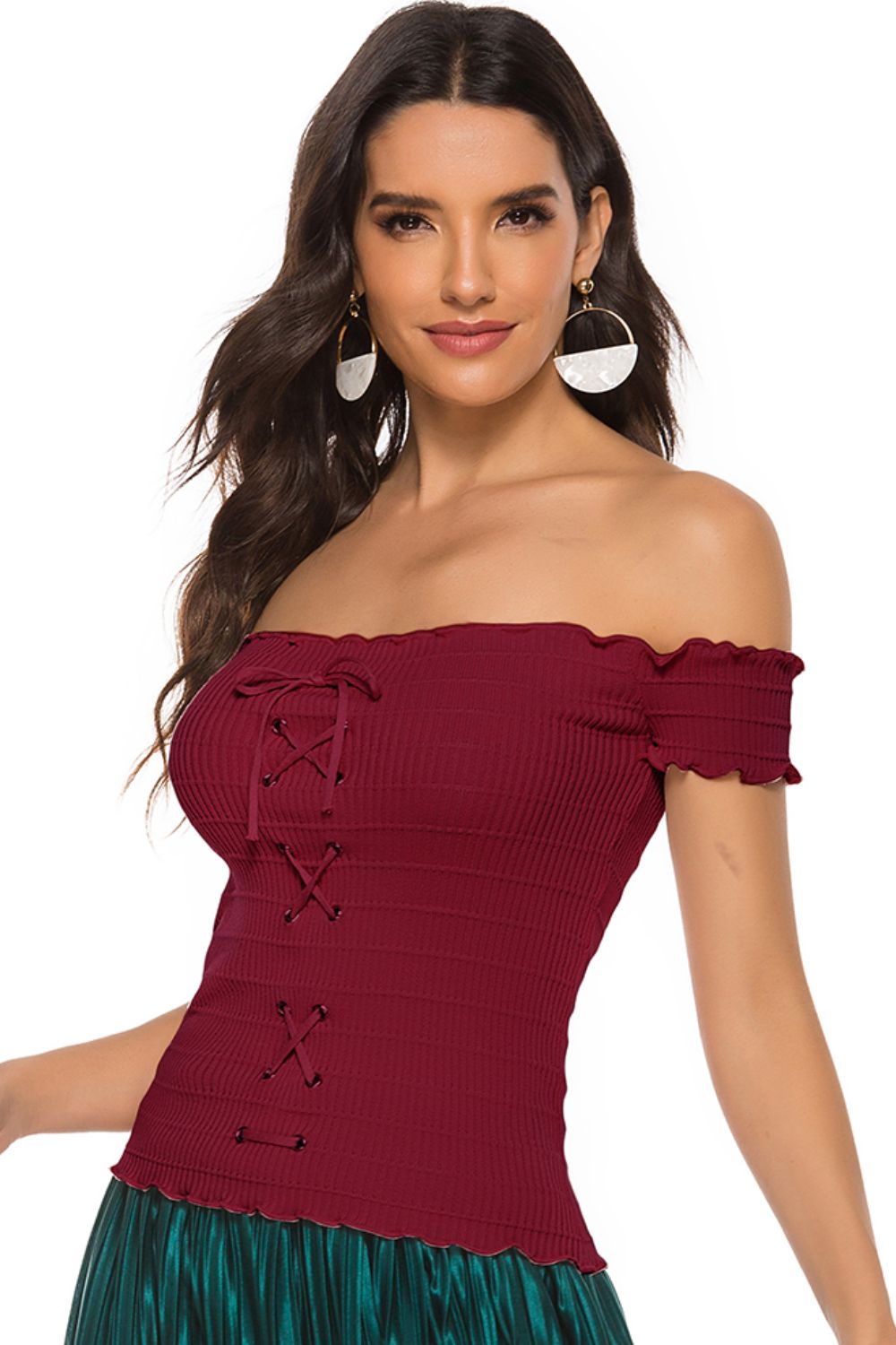 Lace-Up Front Lettuce Hem Off-Shoulder Knit Top