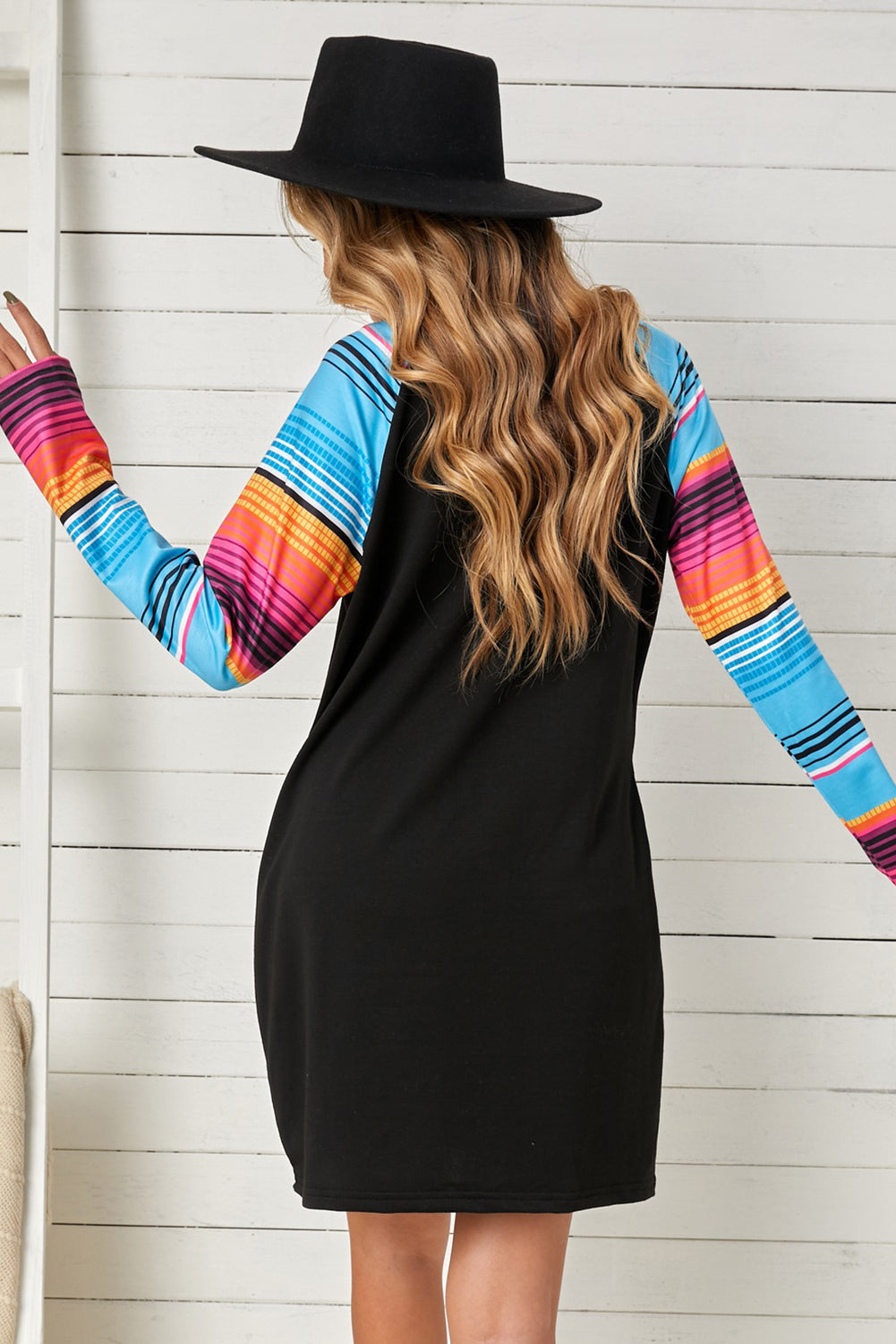 Striped Long Raglan Sleeve Round Neck Dress