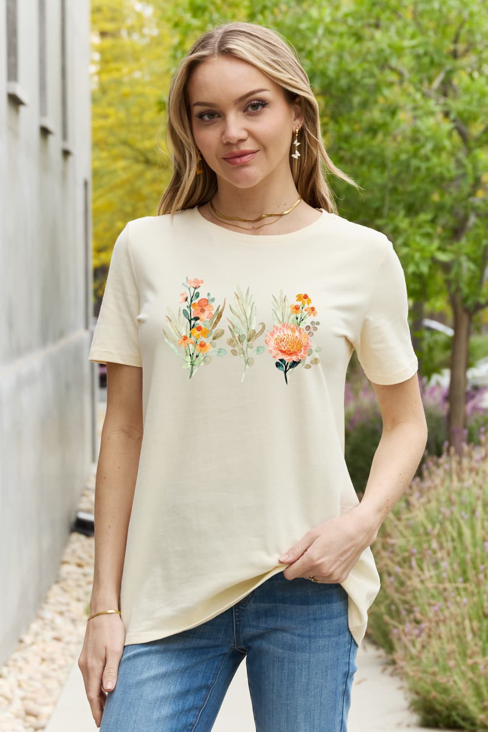 Simply Love Flower Graphic Round Neck Cotton Tee