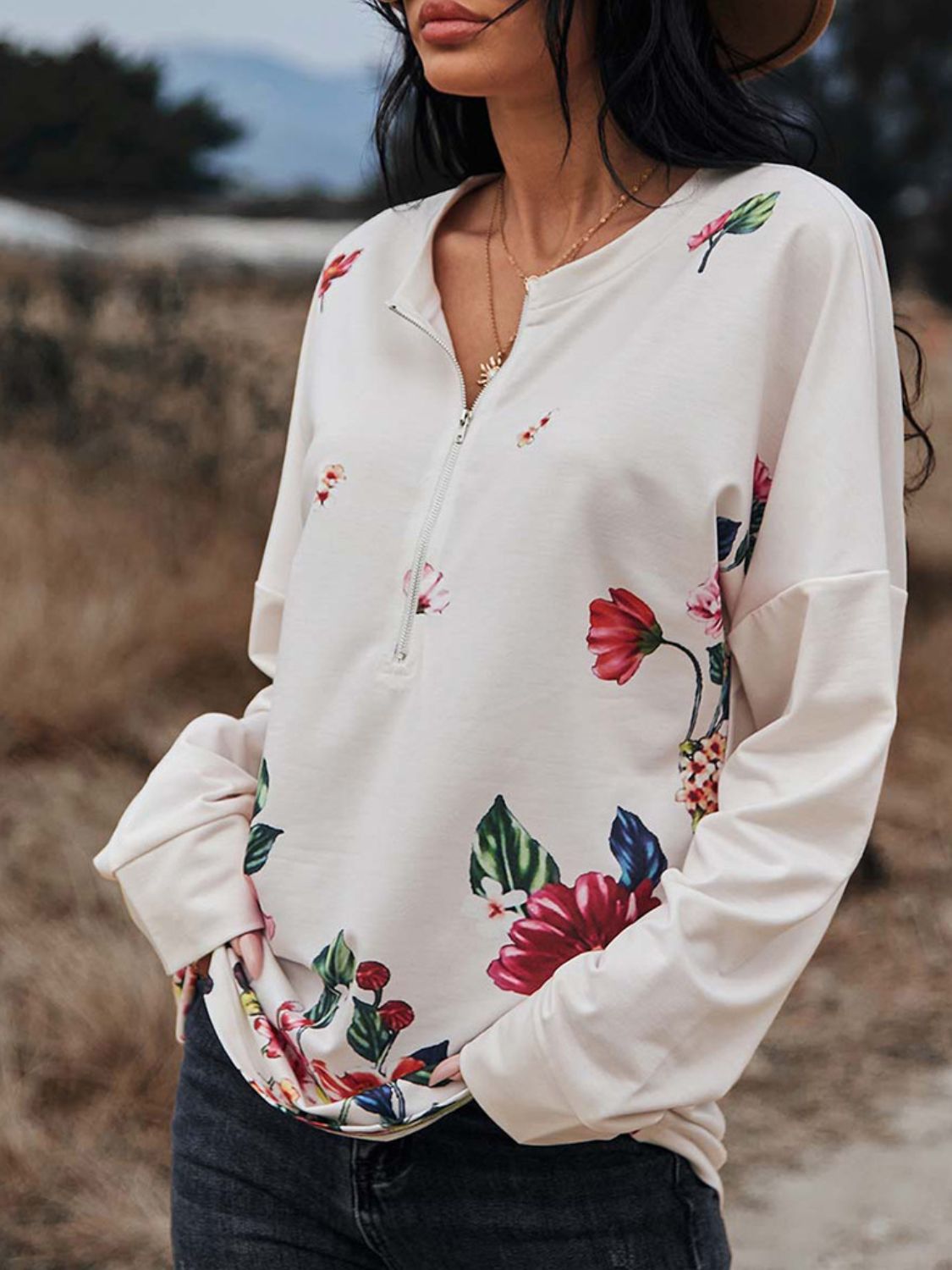 Floral Print Drop Shoulder Front Zipper Blouse