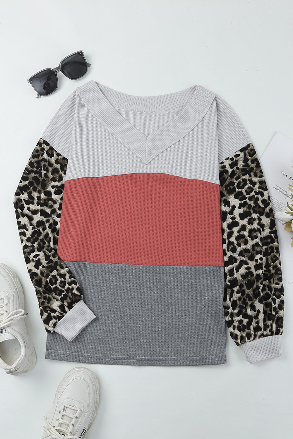 Leopard Color Block V-Neck Top