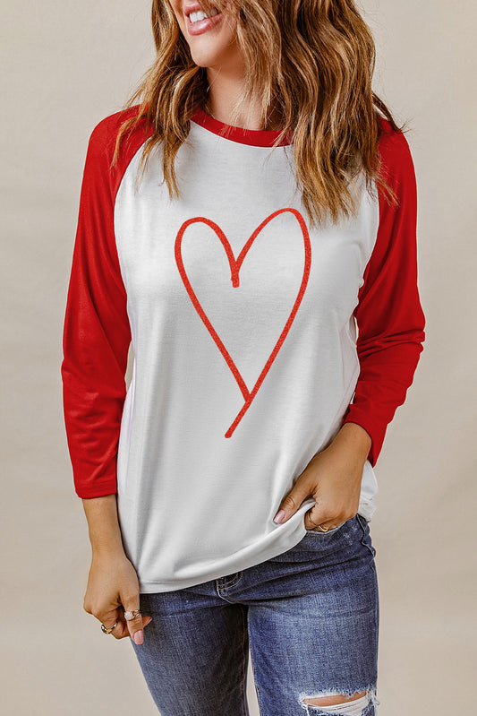 Contrast Baseball Sleeve Heart Graphic Top