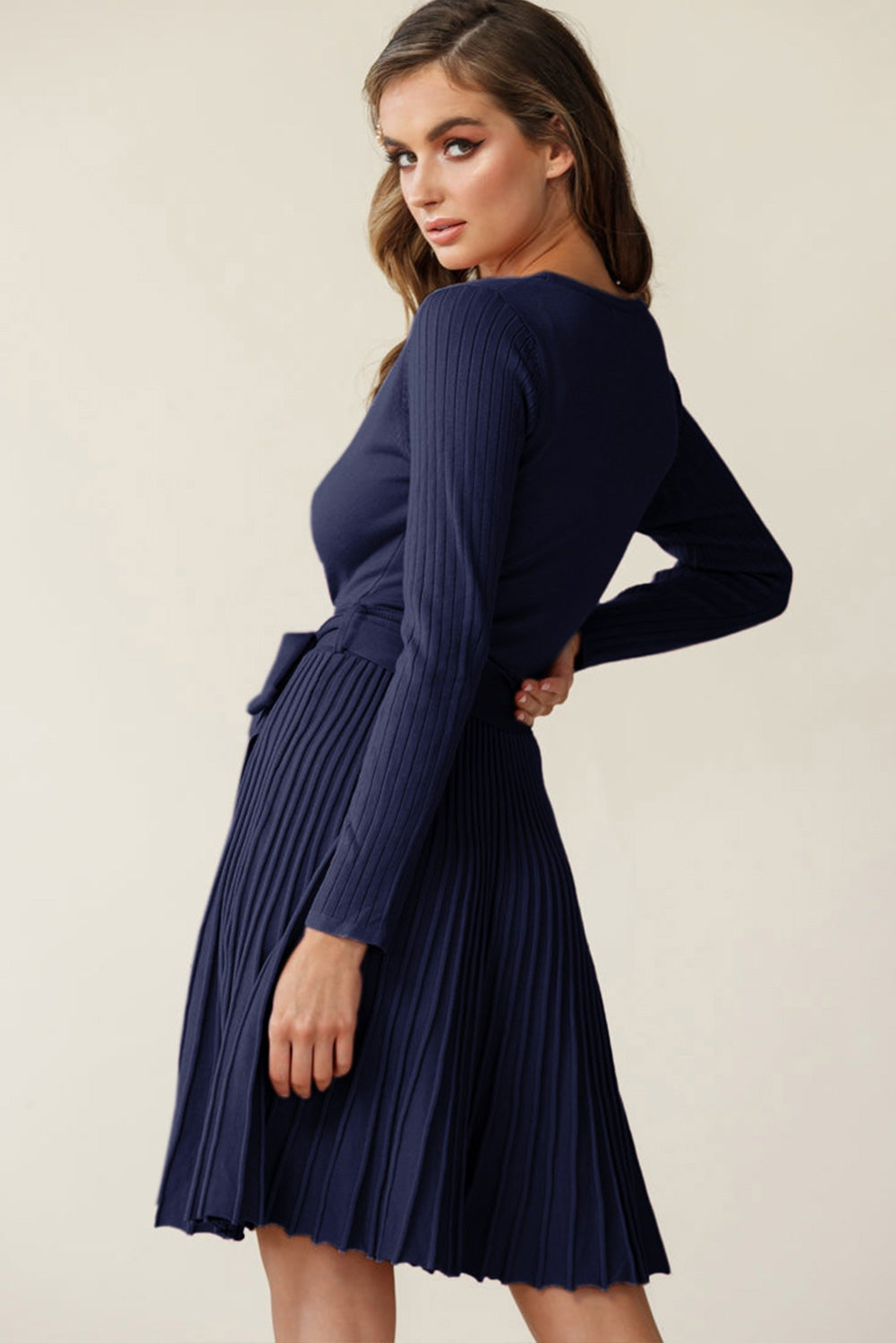 Surplice Neck Tie Waist Pleated Dress