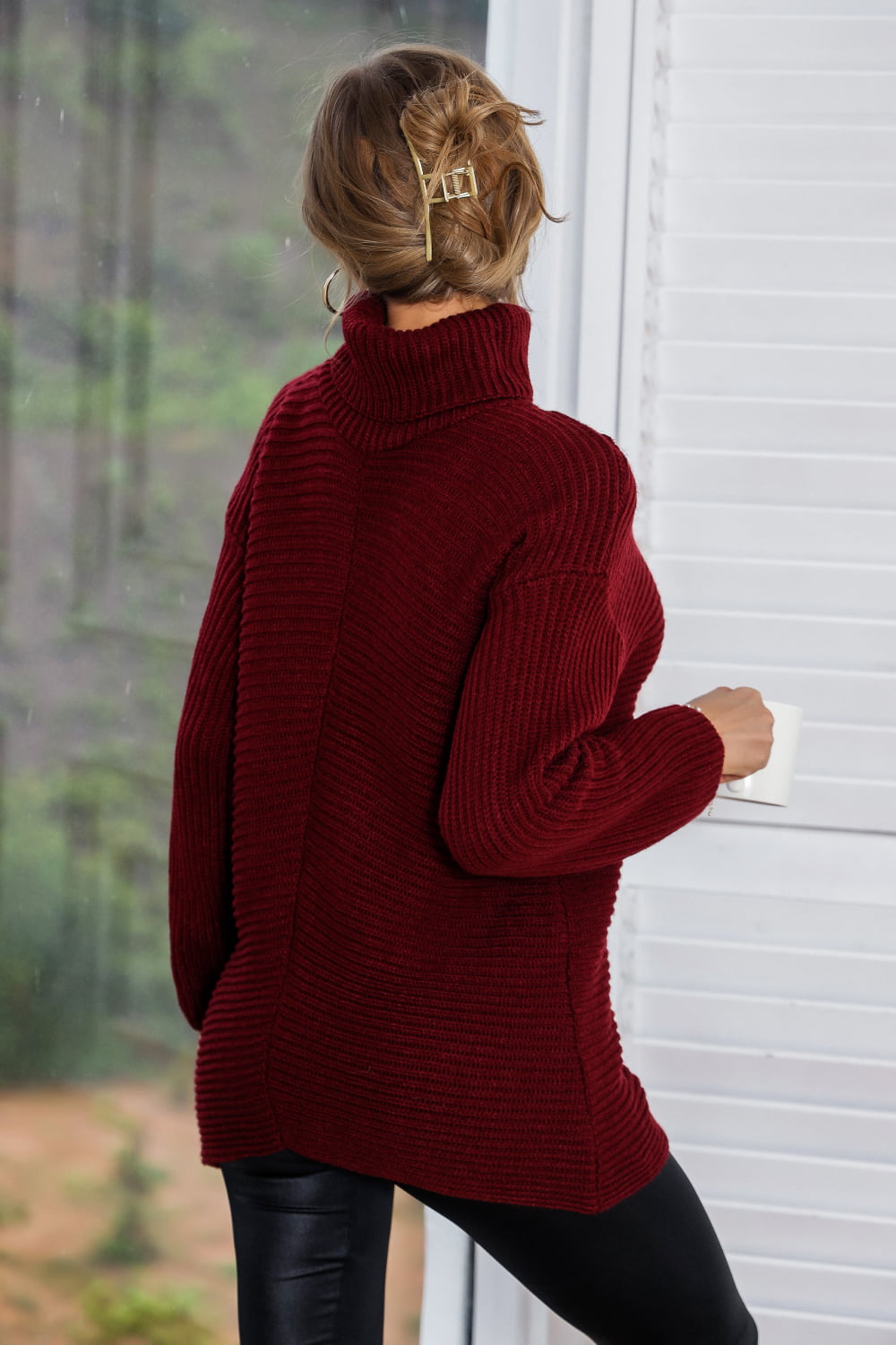 Woven Right Horizontal Ribbing Turtleneck Tunic Sweater