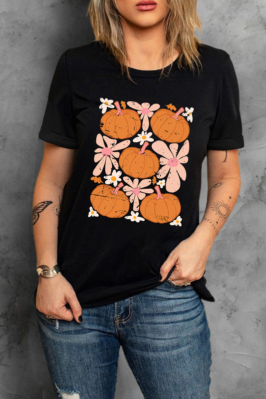 Round Neck Short Sleeve Pumpkin Graphic T-Shirt