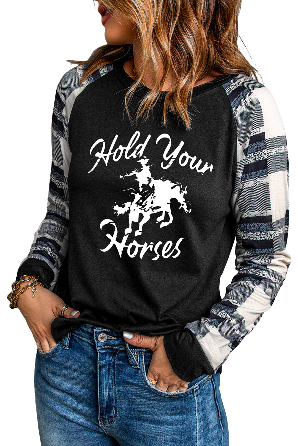 Simply Love HOLD YOUR HORSES Graphic Long Sleeve Tee