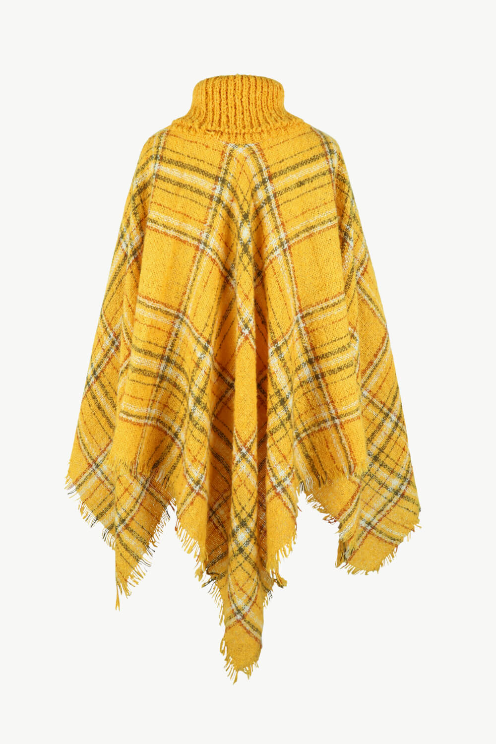 Plaid Turtleneck Fringe Hem Poncho