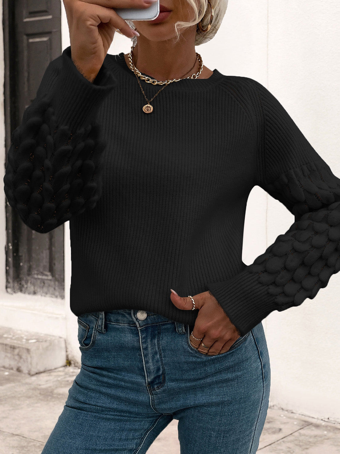 Rib-Knit Round Neck Sweater