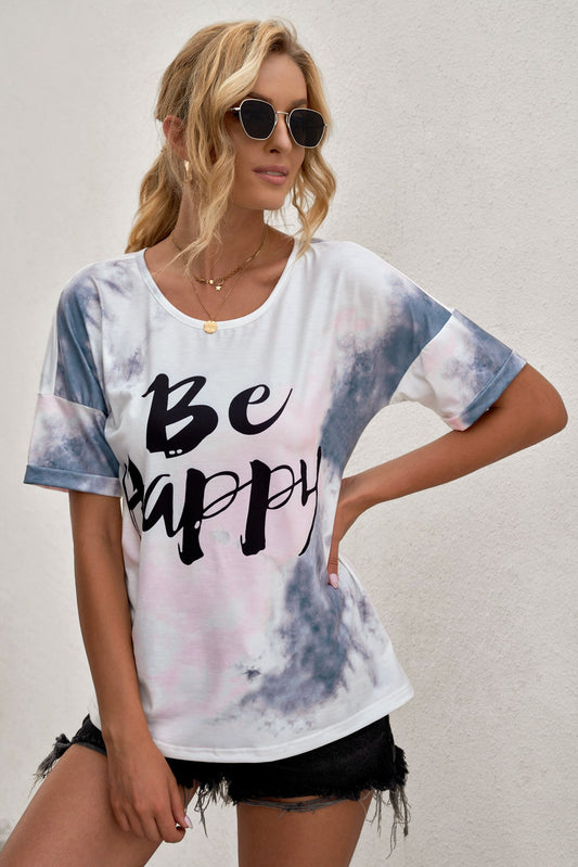 BE HAPPY Graphic Round Neck Tee