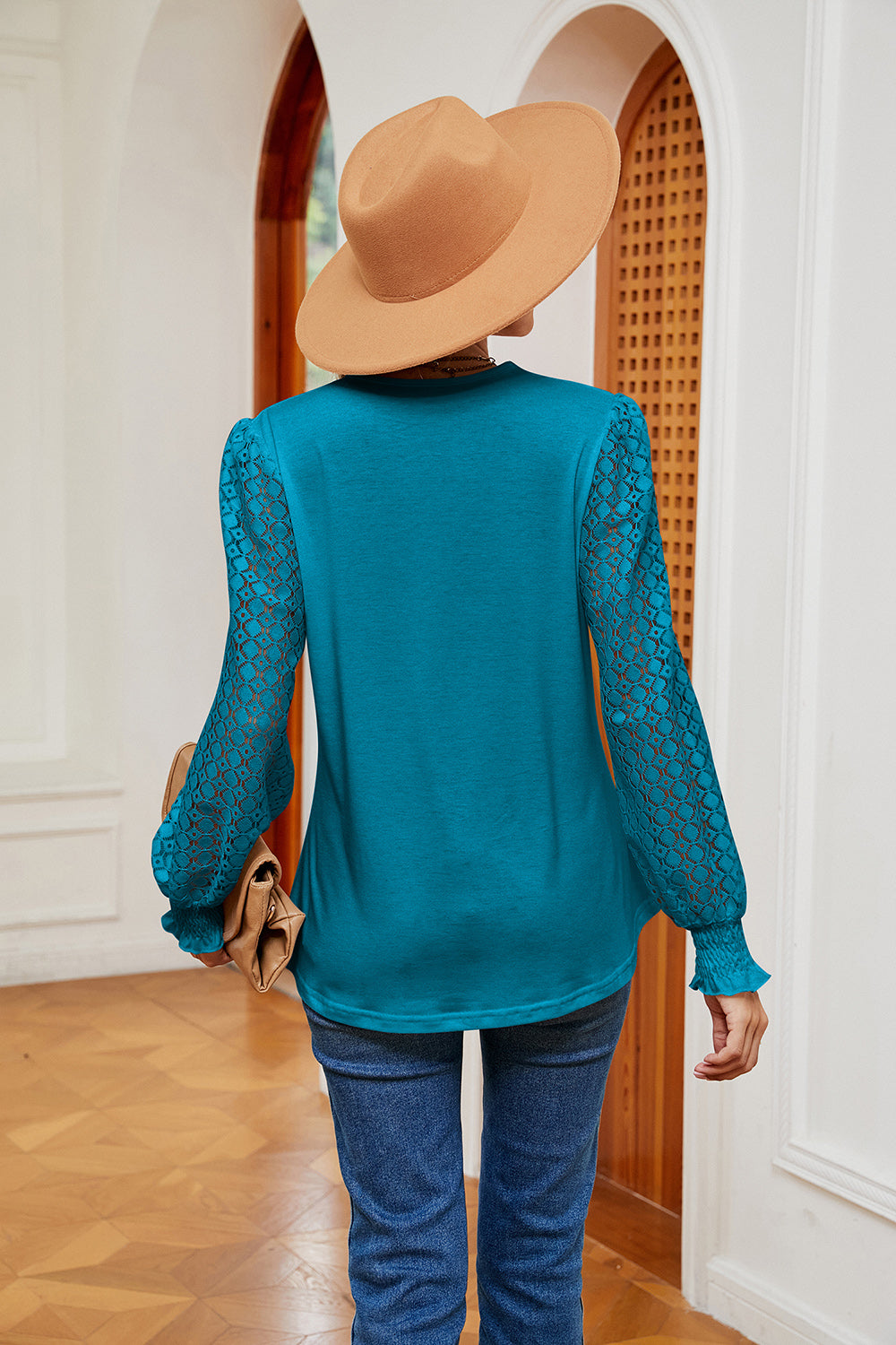 Contrast V-Neck Long Sleeve Blouse