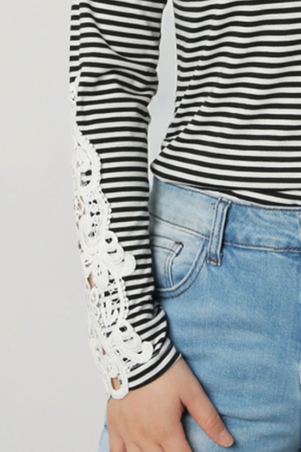 Striped Round Neck Long Sleeve Lace Trim T-Shirt