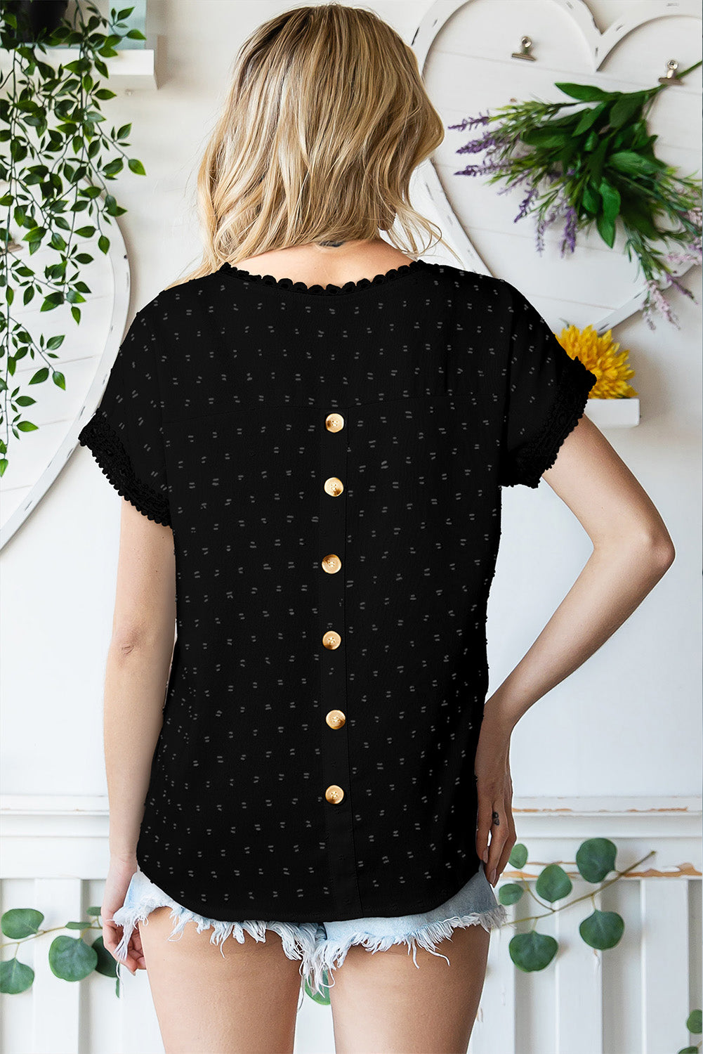 Swiss Dot Decorative Button Short Sleeve Blouse