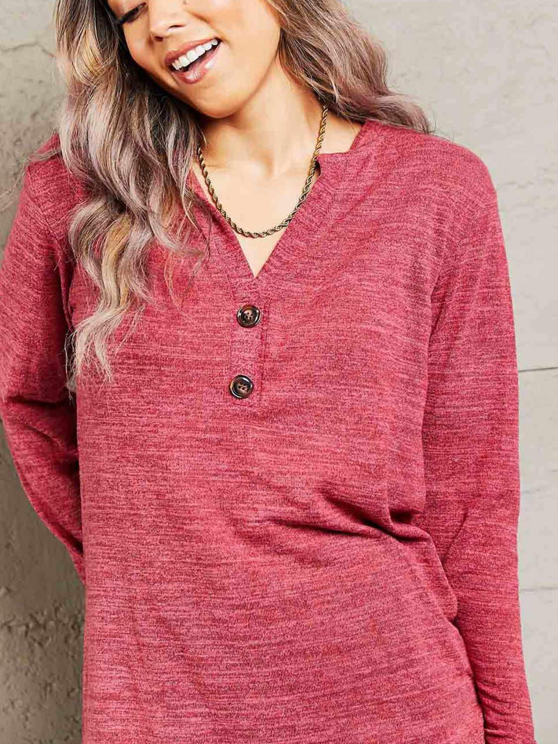 Double Take Buttoned Notched Neck Long Sleeve Top