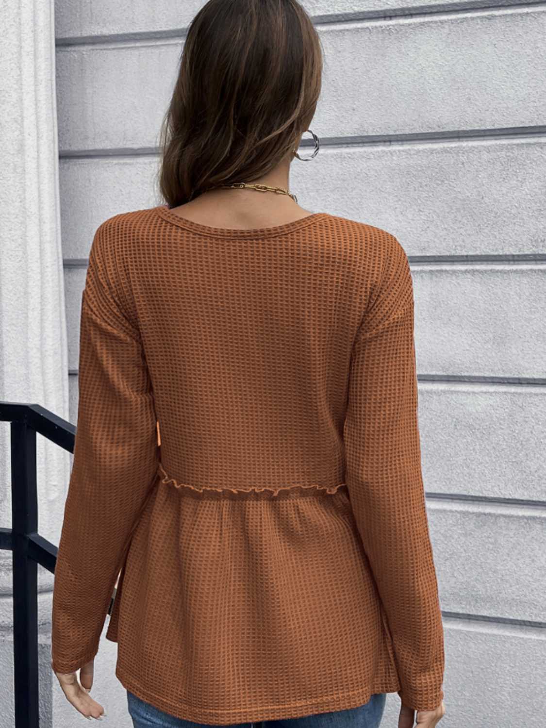 Waffle-Knit Long Sleeve Peplum Blouse