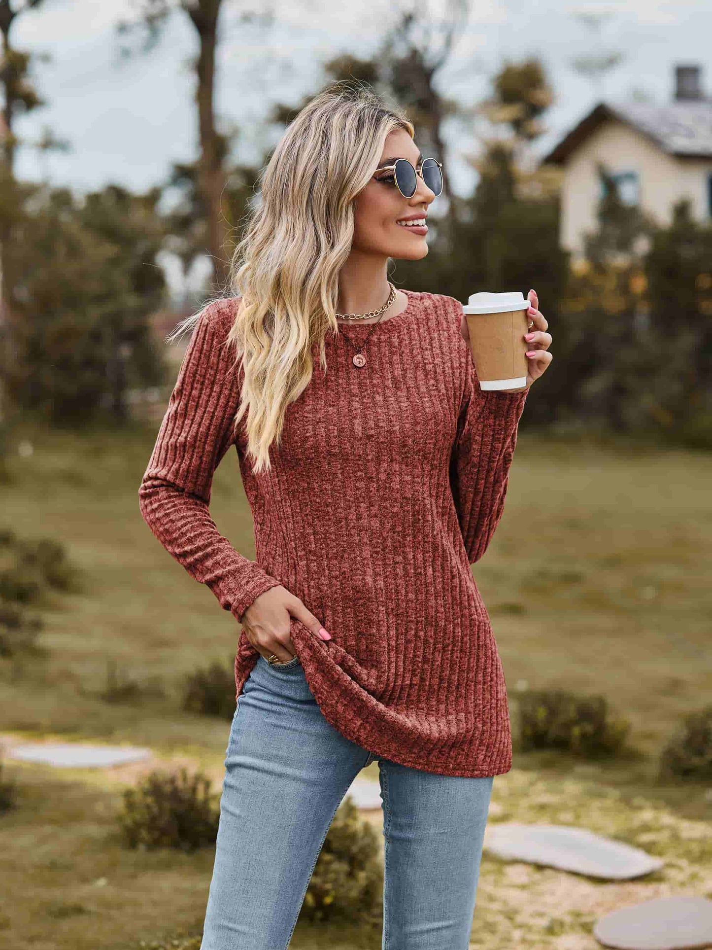 Ribbed Round Neck Long Sleeve Tee