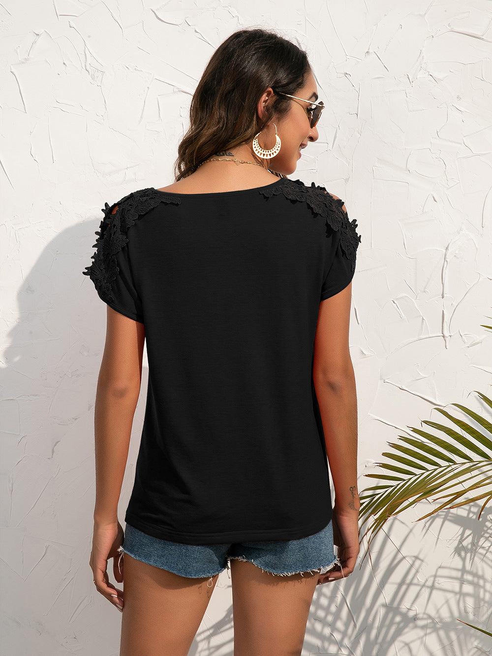 Spliced Lace Cold-Shoulder Blouse