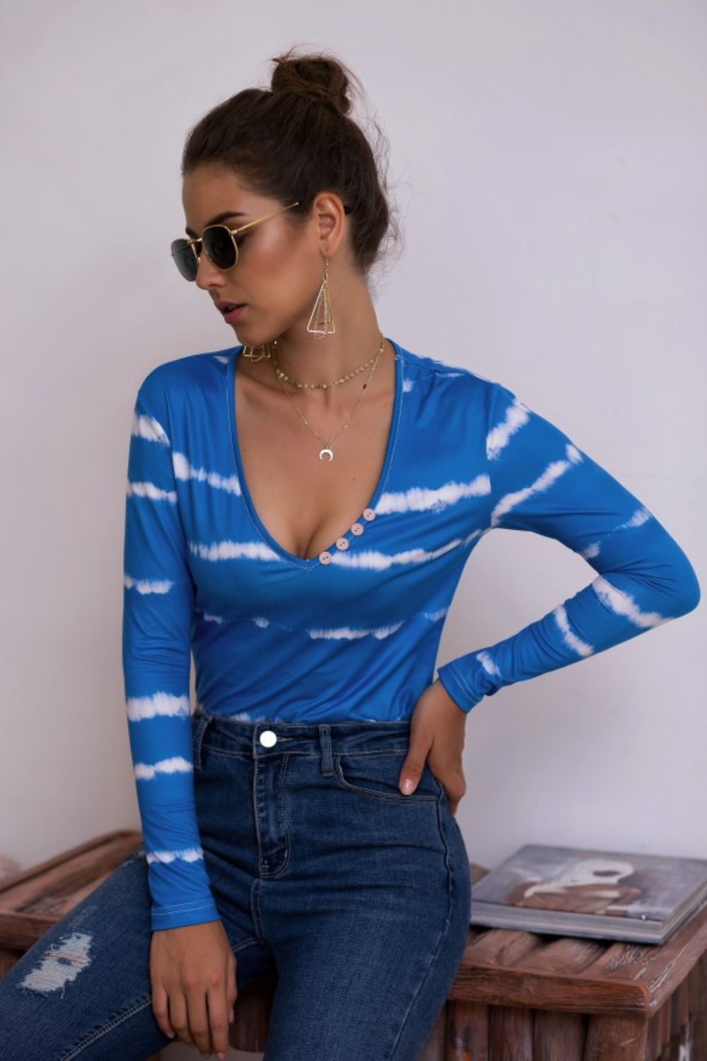 Tie-Dye Plunge Long Sleeve Top